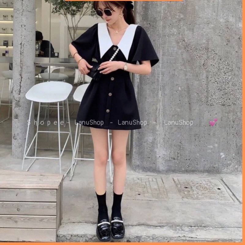Váy chiết eo phối cổ nhọn 2 màu Váy cộc tay thường dáng ngắn Lanushop