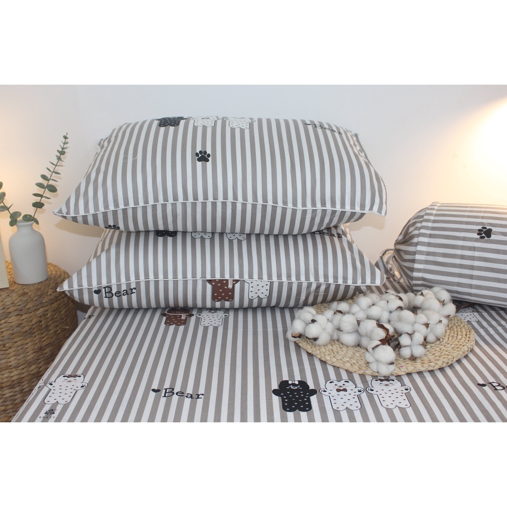 Bộ drap gối KHA LY - Gấu Sọc Nâu - vải  COTTON dày dặn, mát mẻ, siêu thấm mồ hôi
