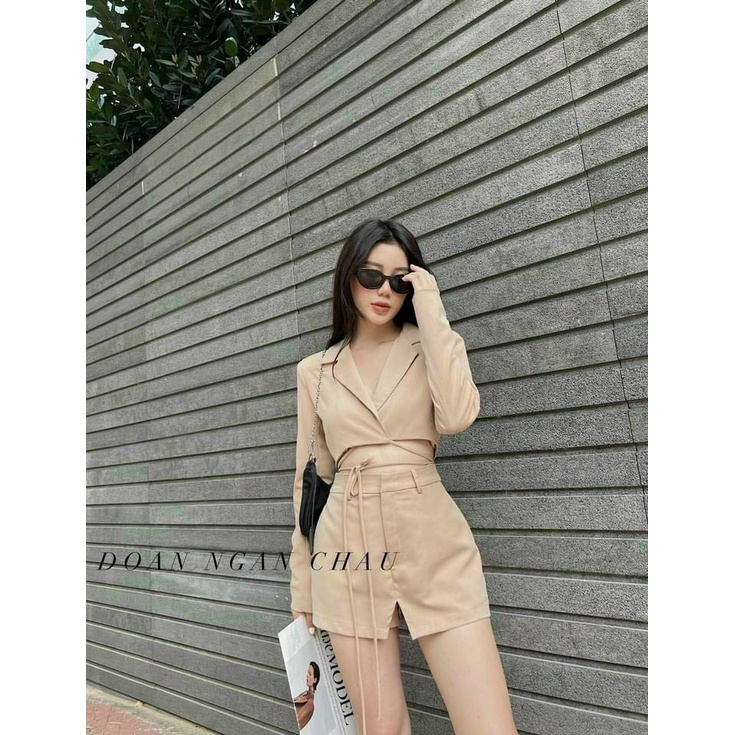 Sét Áo Vest Chéo Ngực Cột Dây Eo Tay Dài Mix Quần Đùi Thích Hợp Đi Làm Đi Tiệc, Sét bộ đồ nữ áo kiểu cổ sơ mi tay dài