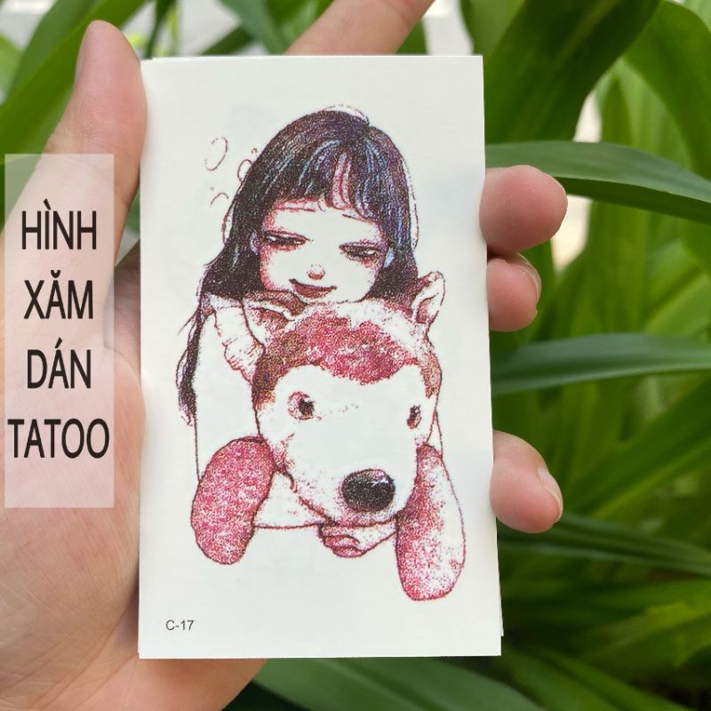 Hình xăm cô gái ôm gấu bông c17. Tatoo dán tạm thời size &lt;10x6cm