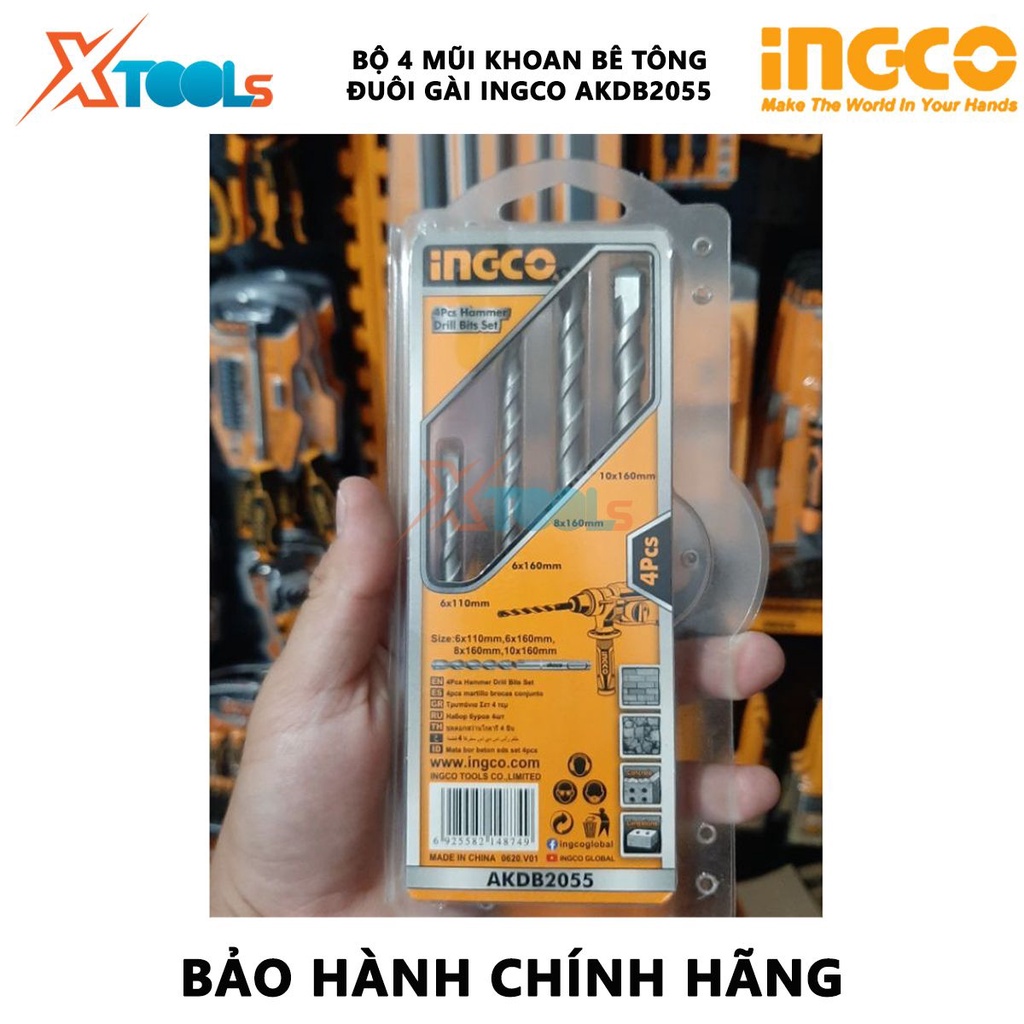 Bộ 4 mũi khoan bê tông đuôi gài INGCO AKDB2055 Bộ mũi khoan bê tông đuôi gài 4 chi tiết Kích thước: 6 * 110, 6 * 160, 8