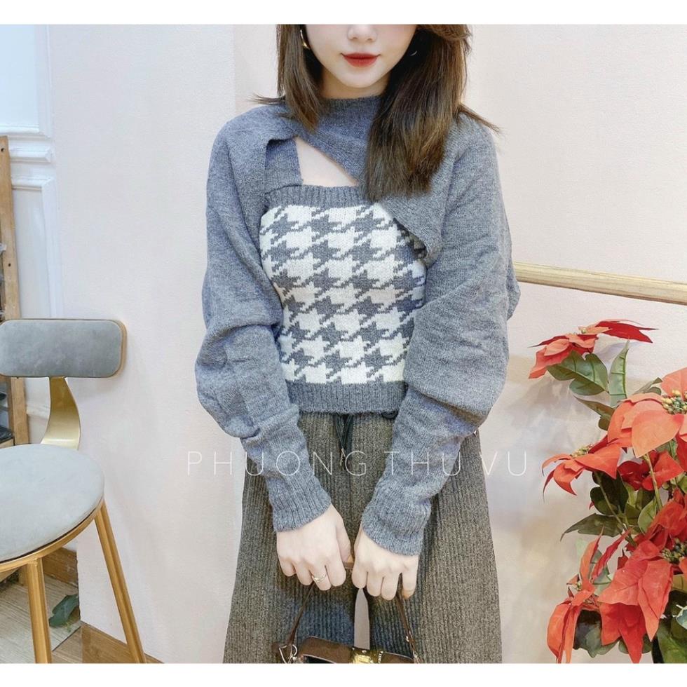 Set len nữ, áo khoác len cardigan nữ kèm áo 2 dây siu hót dáng yêu cực luôn phom xinh dễ mặc hàng quảng châu cao cấp