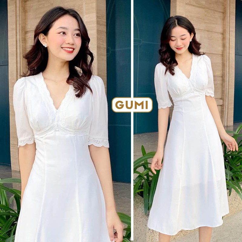 Váy trắng dự tiệc dáng xòe cổ tim phối ren may 2 lớp - Đầm trắng nữ dự tiệc Gumi trẻ trung xinh đẹp GM2069
