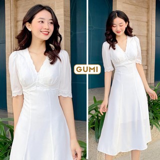 Váy trắng dự tiệc dáng xòe cổ tim phối ren may 2 lớp - Đầm trắng nữ dự tiệc LENA trẻ trung xinh đẹp GM2069