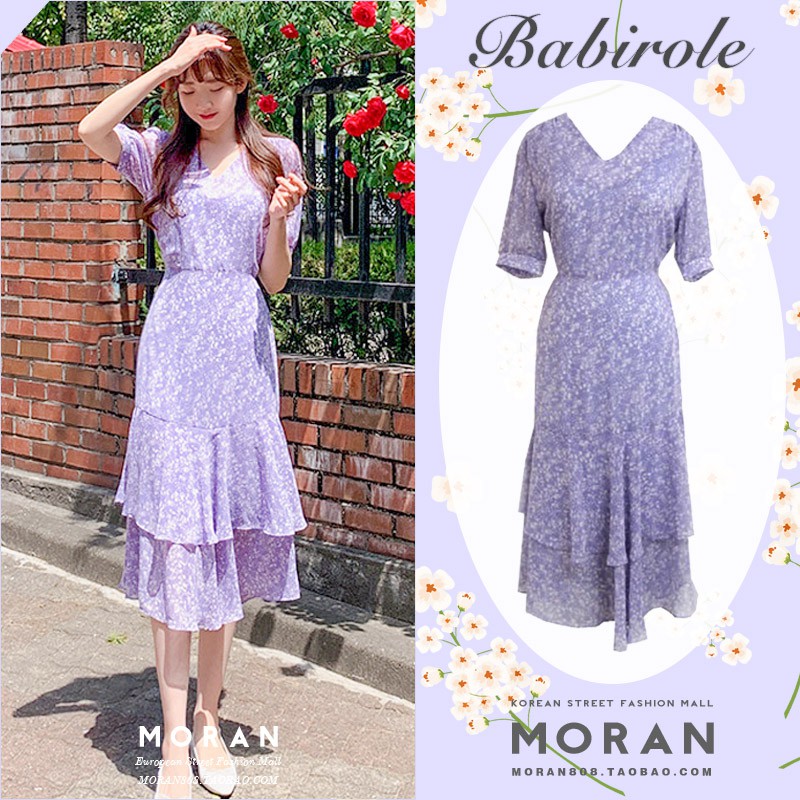 (ORDER) Váy MORAN hoa voan tím thắt nơ eo xòe 2 tầng đuôi cá điệu đà dịu dàng Hàn Quốc