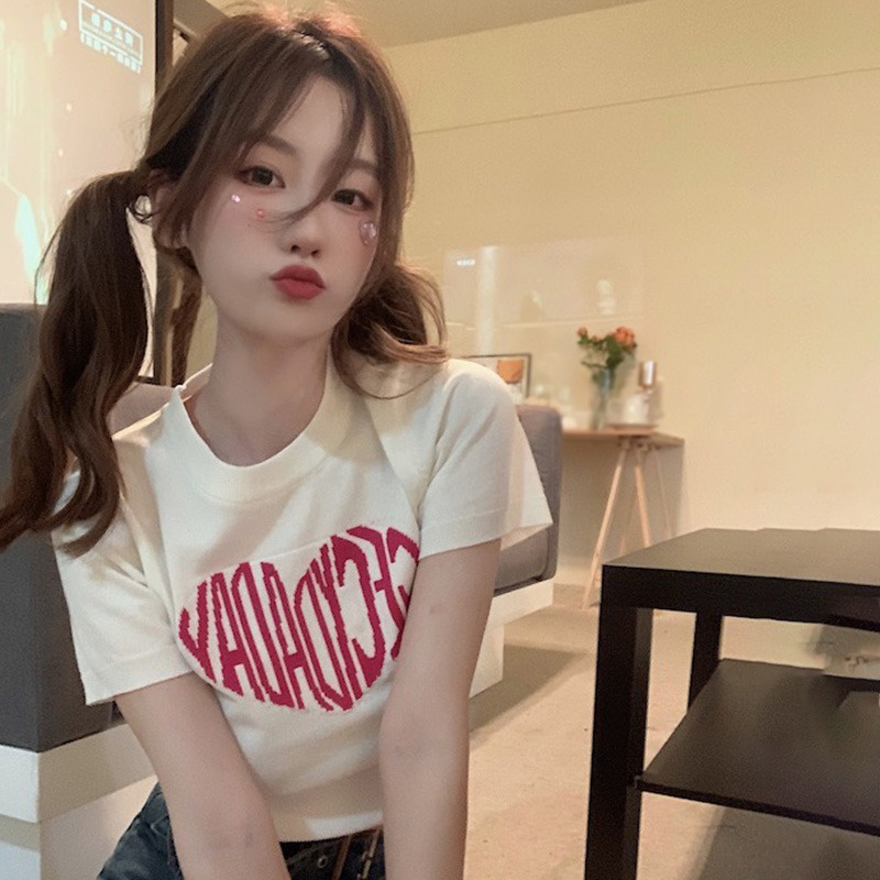 Áo Croptop Dệt Kim Tay Ngắn Cổ Tròn In Chữ Thời Trang Dành Cho Nữ