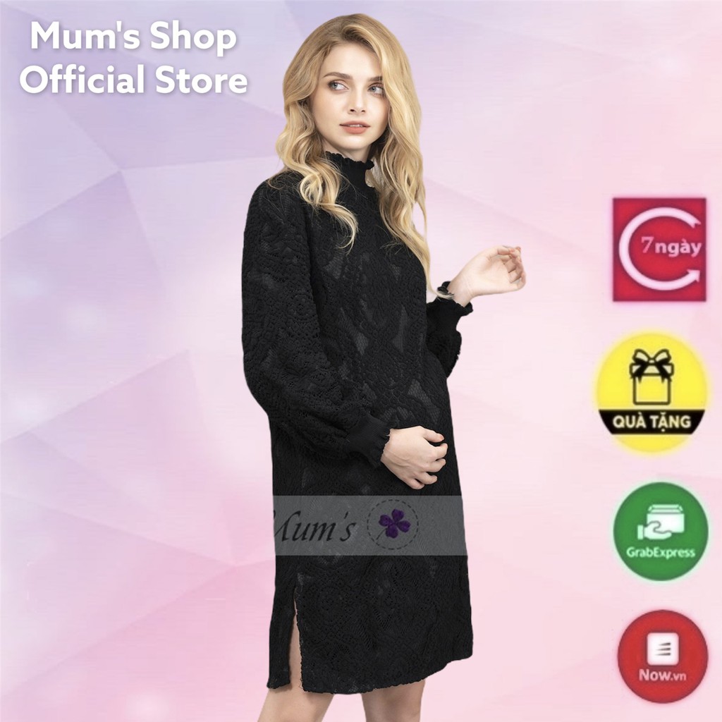 ĐẦM BẦU FREESHIP Váy ren thiết kế màu đen cổ bèo xẻ gấu