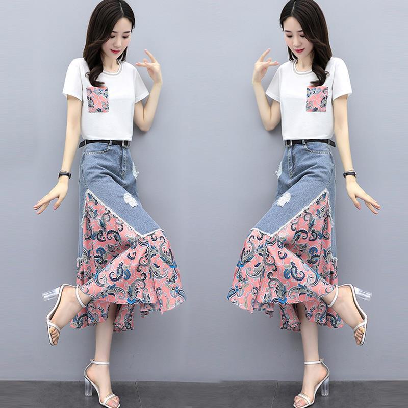 Set Áo Thun Ngắn Tay + Chân Váy Denim Thiết Kế Mới Thời Trang Dành Cho Nữ