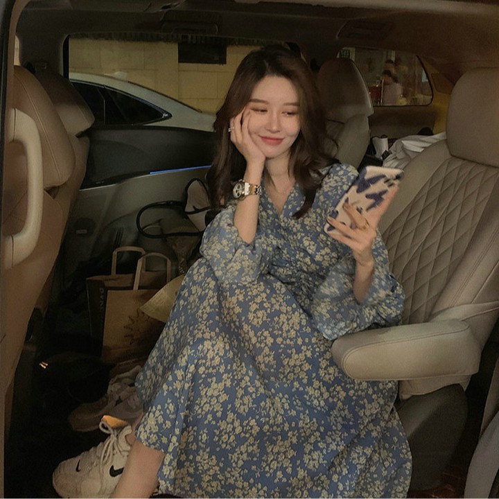 Đầm Voan Dài Tay Cổ Chữ V In Hoa Phong Cách Hàn Quốc Thời Trang | BigBuy360 - bigbuy360.vn