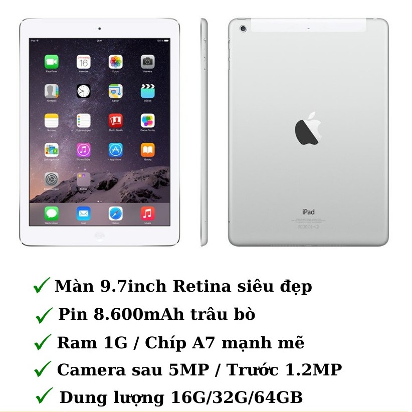 Máy tính bảng iPad Air - 32G /64GB (Wifi + 4G) Chính Hãng - Zin Đẹp 99% - Màn đẹp - Pin trâu - APPLE88 | BigBuy360 - bigbuy360.vn