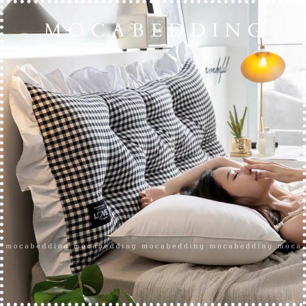 (7 mẫu) Gối Tựa Đầu Giường Chất Liệu Đũi Mát 1m5/1m8 - Kẻ Hàn IKEA - Moca Bedding