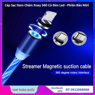 Cáp sạc nam châm, Cáp Sạc đầu tròn cổng type C/ micro USB/ lightning có đèn led cho iPhone OPPO Huawei 2019