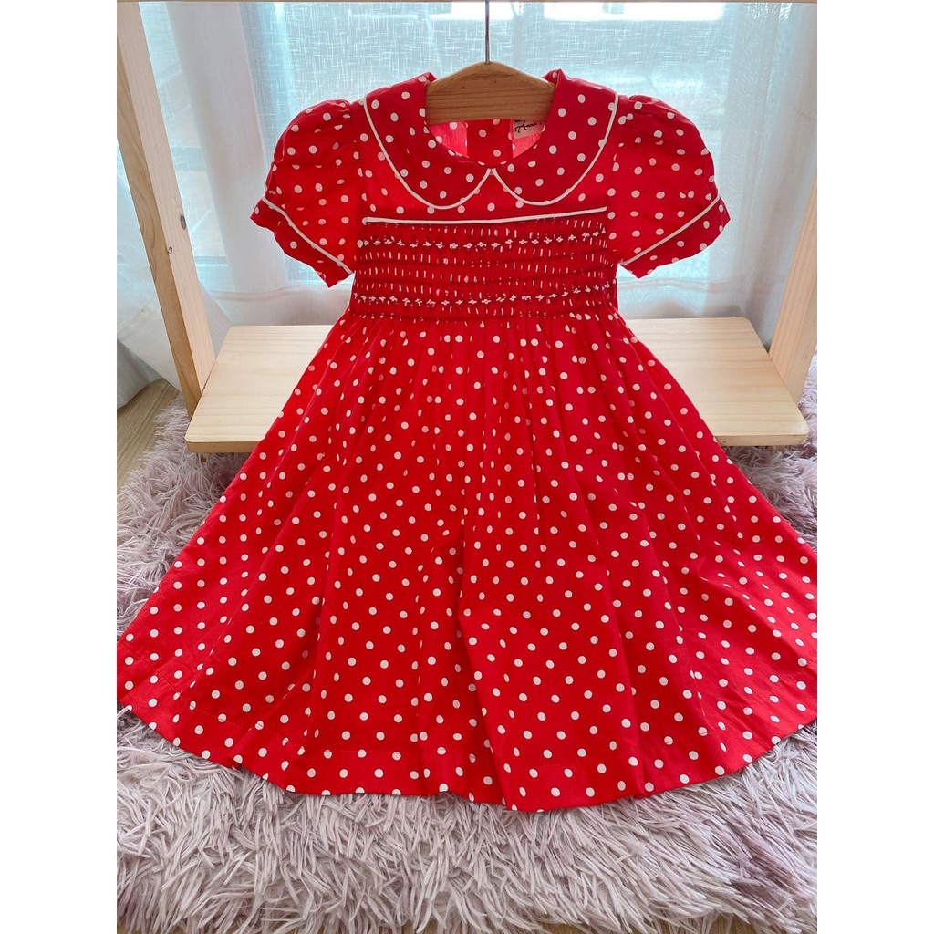 VÁY ĐẦM SMOCK BÉ GÁI ĐỎ CHẤM BI TRẮNG ANNIE
