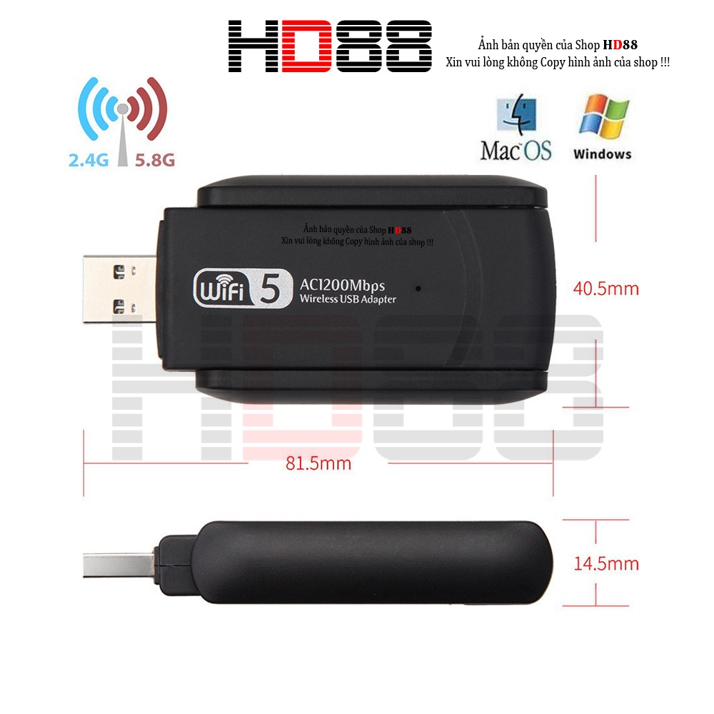 USB Thu Phát Wifi 1200mbps tốc độ cao 2 râu cho máy tính bàn, laptop 2.4 / 5g Usb 3.0 RTL8812BU HD88 - A01
