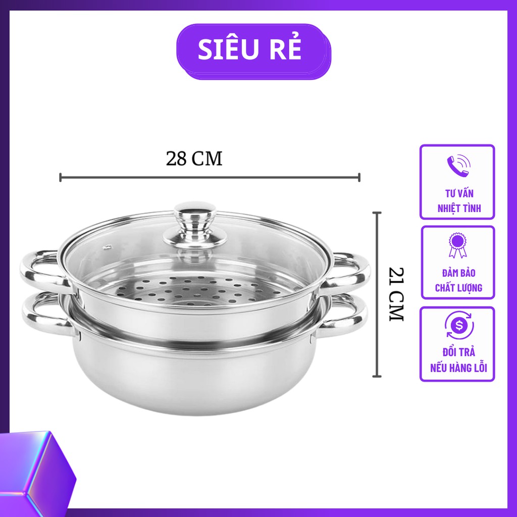 Nồi Hấp Inox 2 Tầng Size 28cm, Xửng Hấp Cách Thuỷ Đa Năng Dùng Được Bếp Từ, Bếp Hồng Ngoại