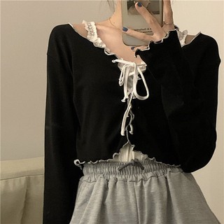 Áo cardigan ngắn mỏng tay dài hở vai viền lượn sóng viền lượn sóng thời trang mùa thu hàn quốc cho nữ