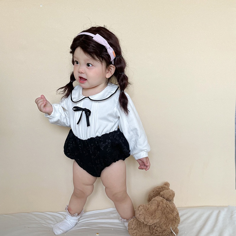 Bộ Áo Liền Quần Tay Dài Cổ Thắt Nơ Chất Liệu Cotton Phong Cách Anh Quốc Dễ Thương Cho Bé Sơ Sinh