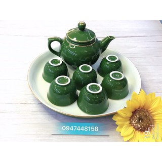 Bộ ấm chén men xanh vẽ chỉ vàng