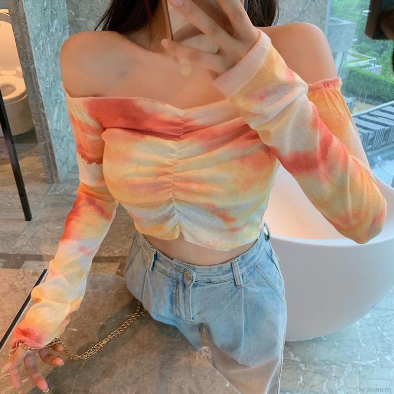Áo Croptop Trễ Vai Tay Dài Nhuộm Màu Thời Trang Quyến Rũ Cho Nữ