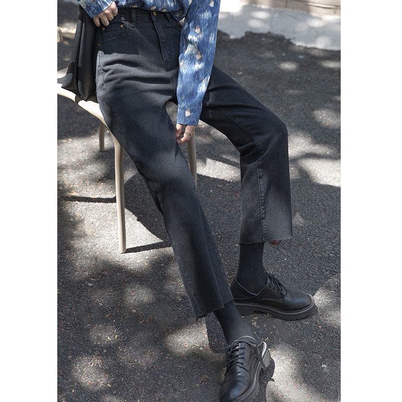 Quần Jean Đen Dài Ngang Mắt Cá Chân Eo Cao Dáng Rộng Thời Trang Mùa Đông Cho Nữ