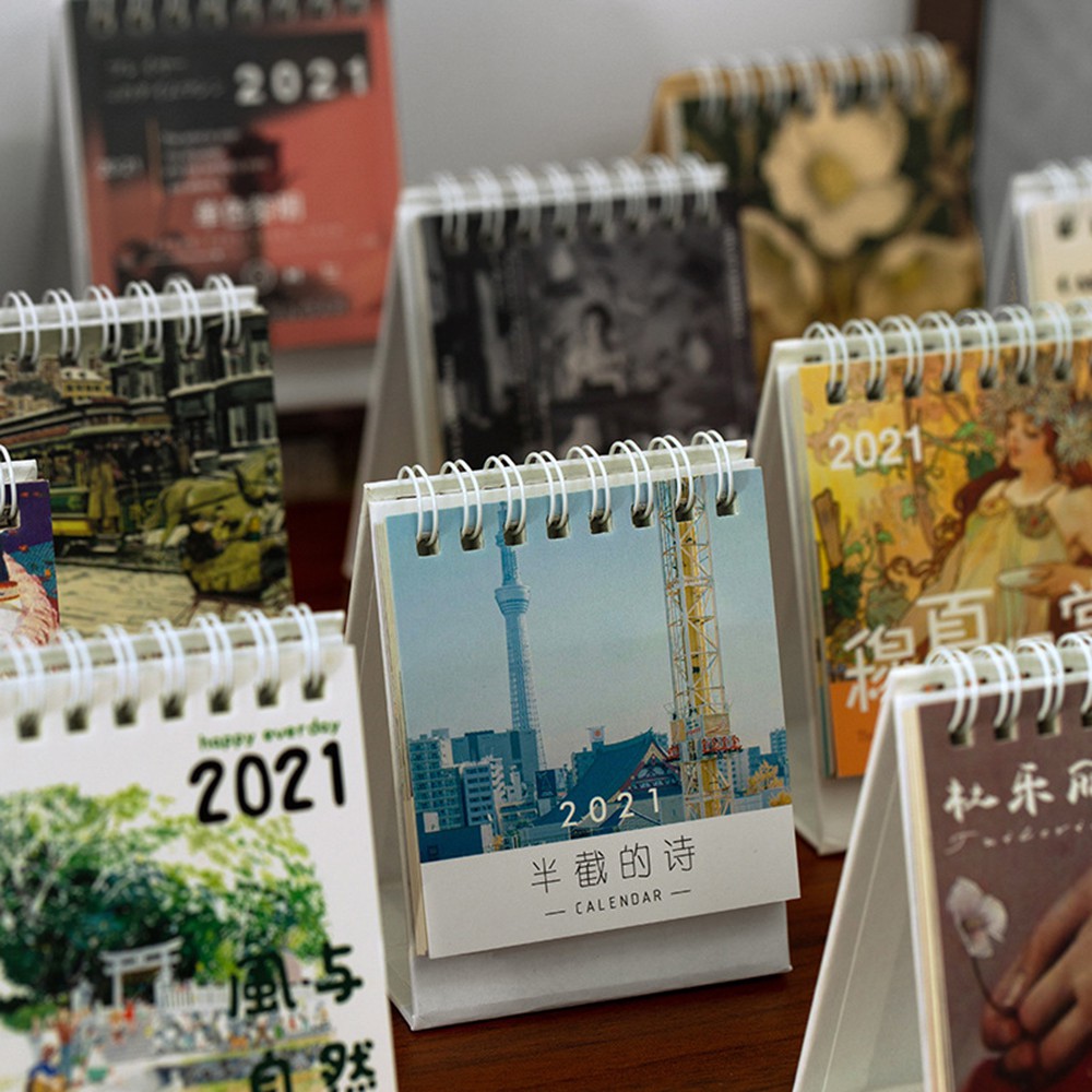 LLOYD Portable Oil Painting Coil Calendar 16 Design Desktop Decoration 2021 Desktop Calendar Timetable Mini School Office home Yearly Agenda Dates Reminder Organizer Office Supplies Daily Schedule