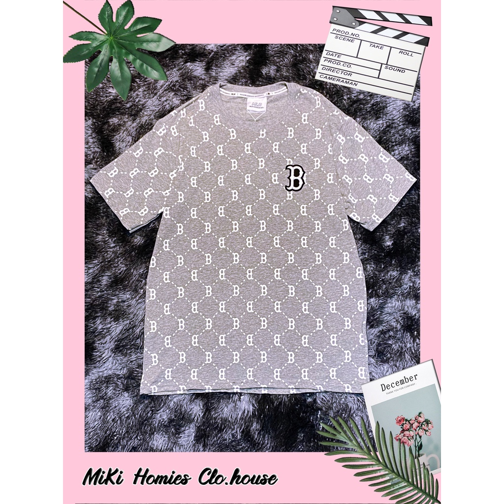Áo M.L.B xám monogram xích - chữ B trắng