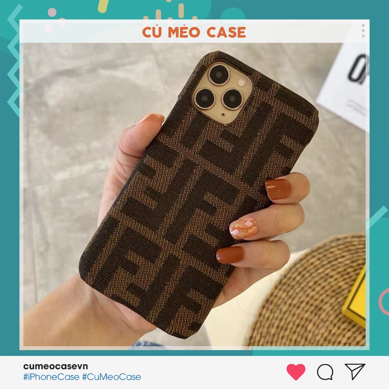 Ốp Fendi nâu bọc da dành cho iPhone 11 12 Pro Max 7 8 Plus X XsMax XR Cú Mèo Case