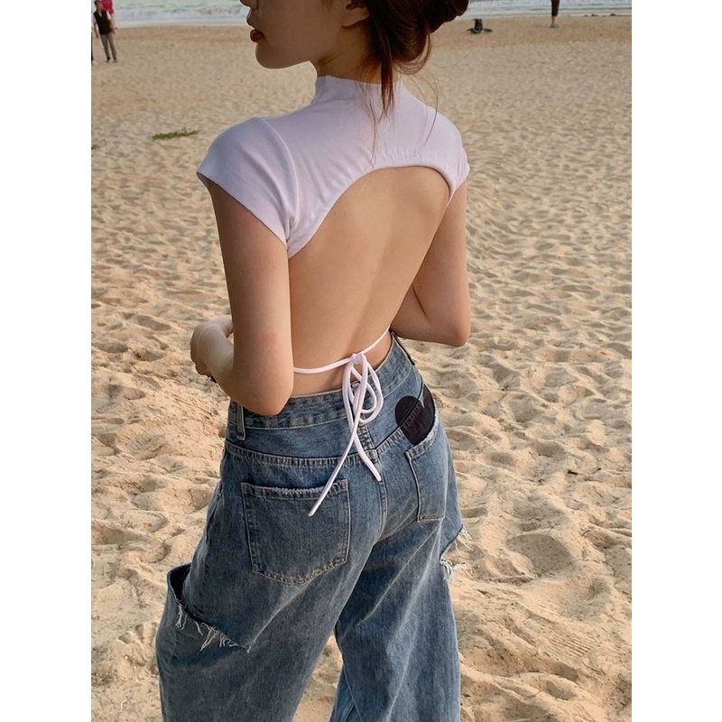 Áo Thun T-shirt Hở Lưng Màu Trắng Trơn Gợi Cảm Phong Cách Âu Mỹ