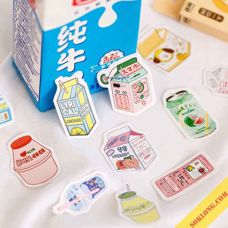 Bộ 50 sticker đồ vật dễ thương, nhãn dán cute hình hộp sữa, cây xanh STI11
