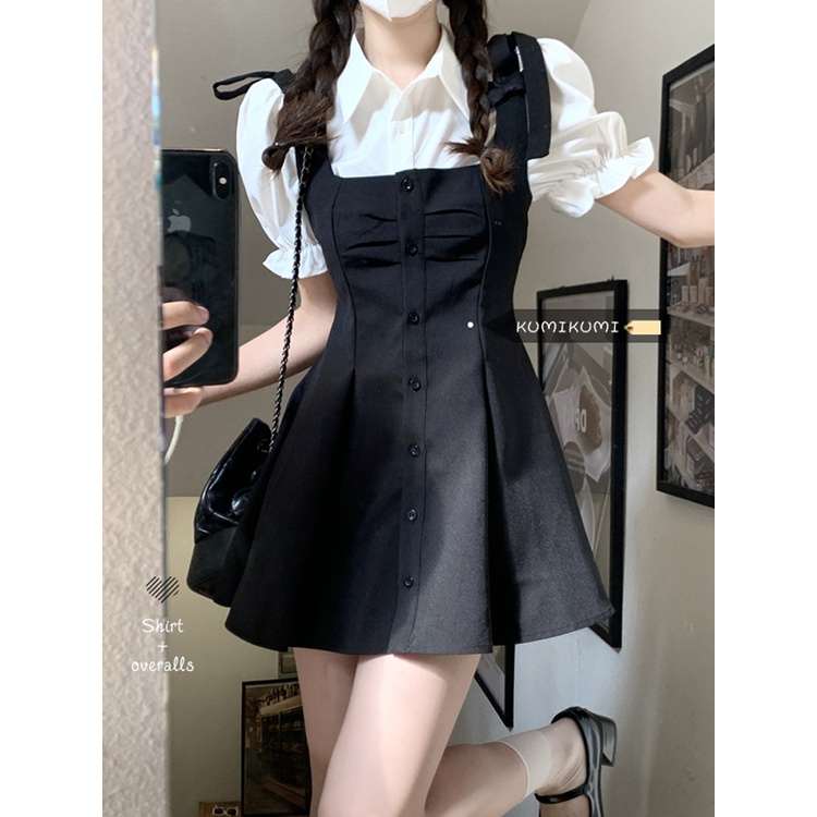Set đầm hai dây thắt nơ đính cúc ở giữa váy ngắn xòe + Áo sơ mi tay ngắn bo chun bồng dễ thương thanh lịch nữ tính