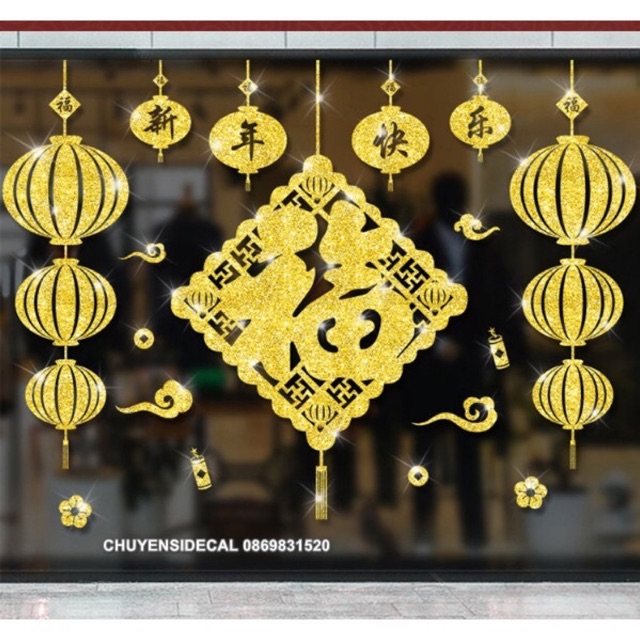 Decal dán Tết - Rèm Lồng đèn Bảng Vuông lớn nhũ