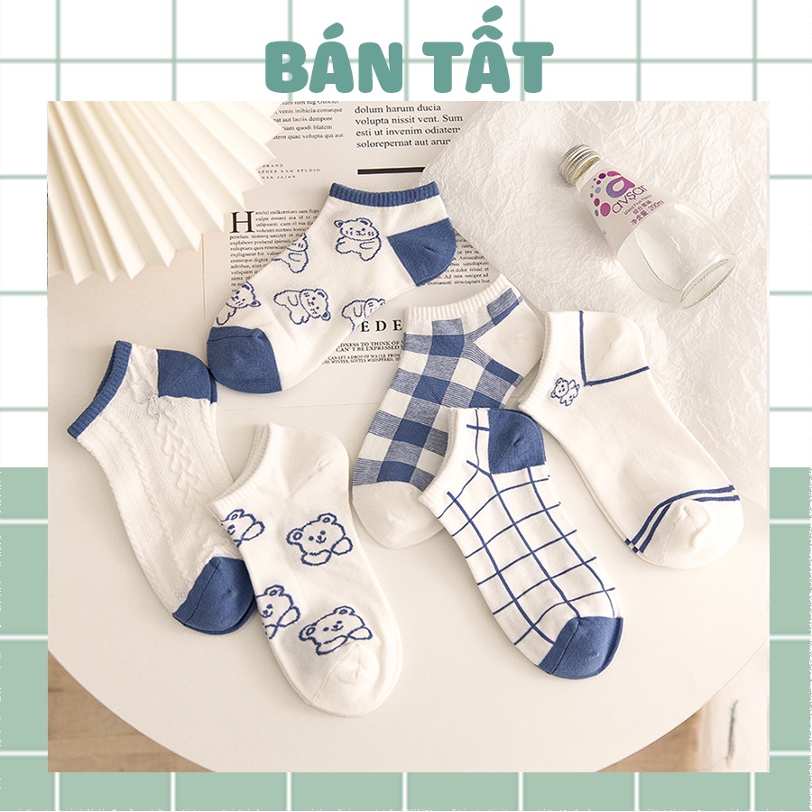 Tất vớ nữ cổ ngắn cotton mỏng thoáng hoạ tiết gấu caro xanh dương phong cách Hàn Quốc dễ thương