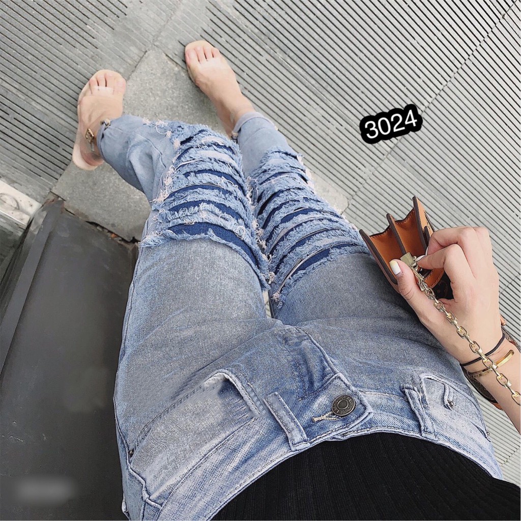 Quần Jeans Nữ Phối Rách Cao Cấp OHS3024