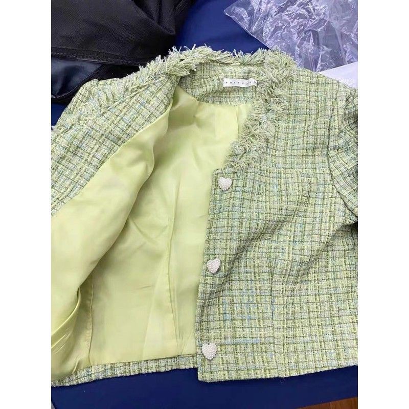 Order set dạ tweed áo croptop chân váy chữ A màu xanh bơ (có hình thật) - Hàng Quảng Châu