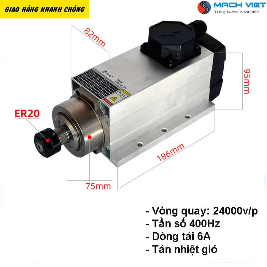 Spindle vuông làm mát bằng gió công suất 2.2kW 3.7kW điện áp 220 380V đầu kẹp ER25