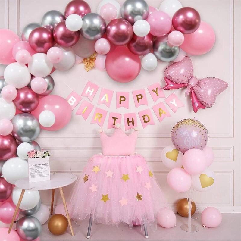 Bộ bong bóng trang trí sinh nhật hồng cho bé combo balloon tnoi80