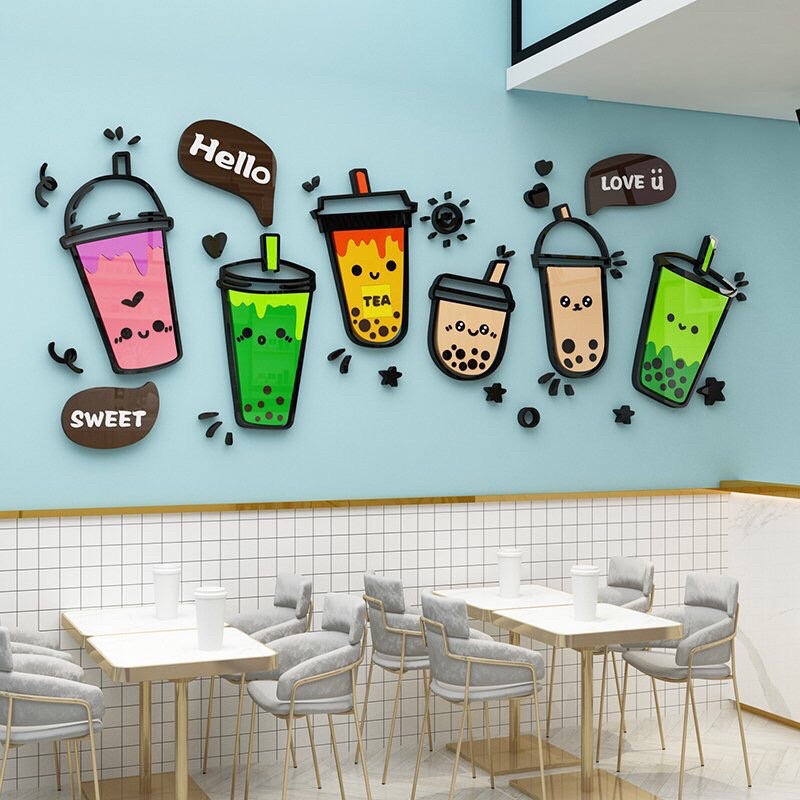 Tranh dán tường mica cao cấp dán nổi - bộ 6 ly trà sữa trang trí quán cafe, trà sữa, quán ăn vặt, ăn nhanh | BigBuy360 - bigbuy360.vn