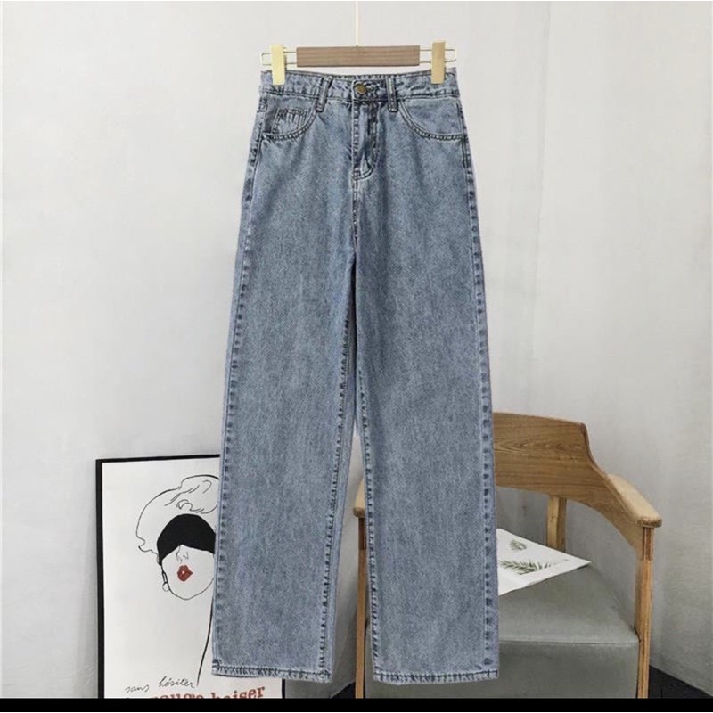 Quần Jean Nữ Ống Rộng Cạp Lưng Cao Màu Xanh Dáng Ống Xuông Chất Bò Dầy Dặn | BigBuy360 - bigbuy360.vn