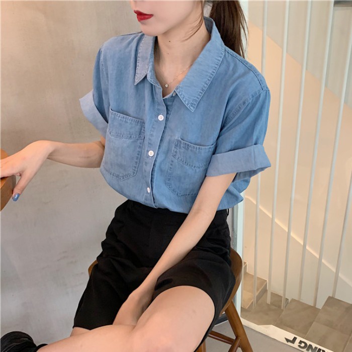 Áo sơ mi denim tay ngắn thời trang trẻ trung cho nữ
