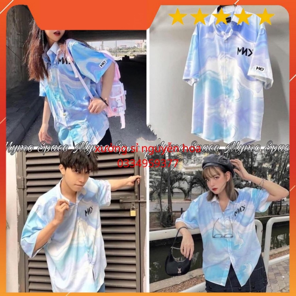 Áo sơ mi loang xanh ngắn tay in chữ MND form rộng nam/nữ mặc được ( kèm video/ ảnh thật) xưởng sỉ nguyễn hoa