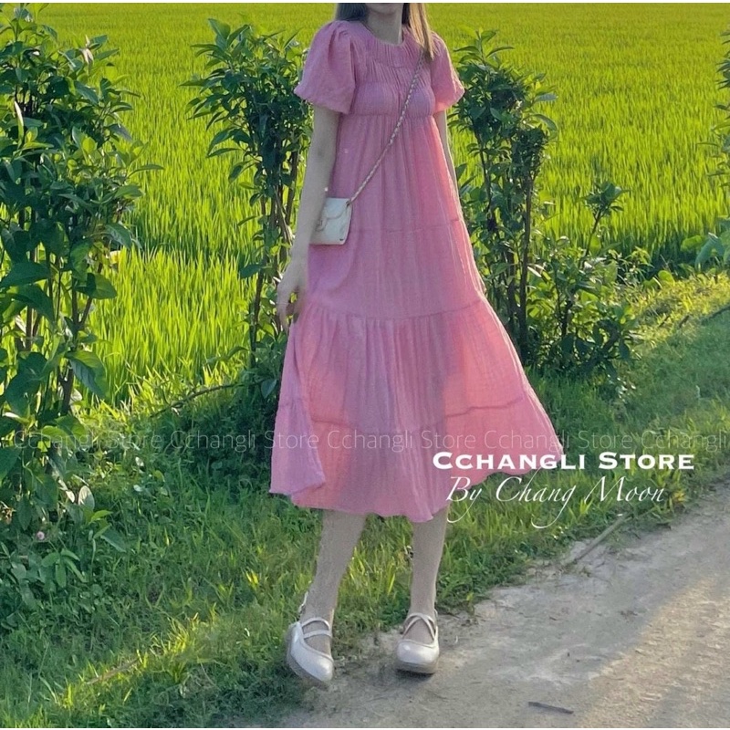 Midi xốp nhún hồng nhạt baby/cam/xanh, đầm váy suông dài tay bồng/phồng dễ thương, thời trang teen đi chơi dạo phố