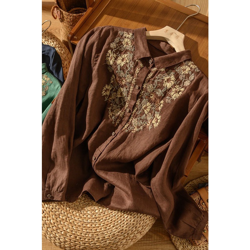 Ice retro embroidered flower linen blouse cotton linen long-sleeved shirt high-end brand cut label