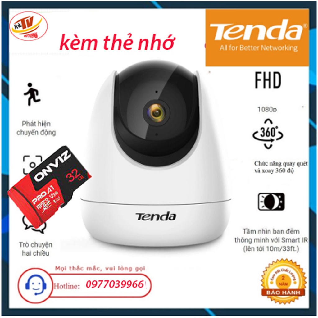 [kèm thẻ 32gb 64gb] Camera IP Wifi xoay 360 TENDA CP3 full HD 1080p, hàng chính hãng bảo hành 24 tháng