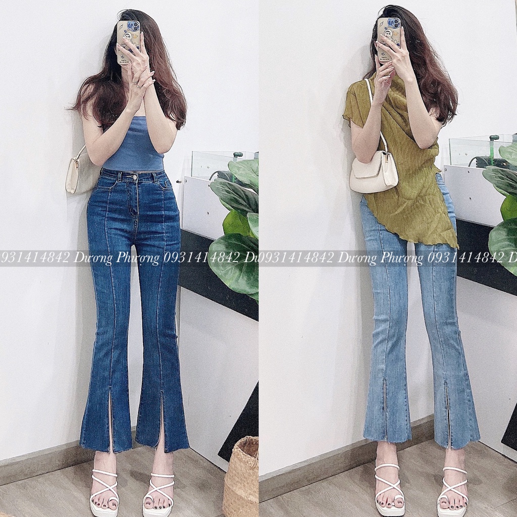 Quần jean lững nữ co giãn, quần bò 9 tấc ống loe xẻ lai trước kiểu - QU062