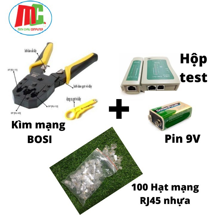 Combo Kìm Bấm Mạng Bosi + 100 Hạt Mạng + Bộ Test Mạng