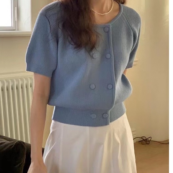 Áo Dệt Kim Tay Ngắn Cổ Tròn Hàng Nút Đôi Phong Cách Mùa Xuân Nhẹ Nhàng Kiểu Mới 49407