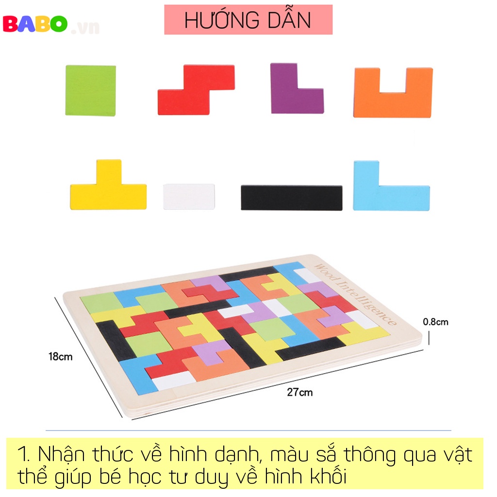 Đồ Chơi Xếp Hình Tetris Bằng Gỗ Thông Minh Babo Cho Bé Phát Triển Tư Duy, Khả Năng Tập Trung Sáng Tạo, Kích thước 27x18