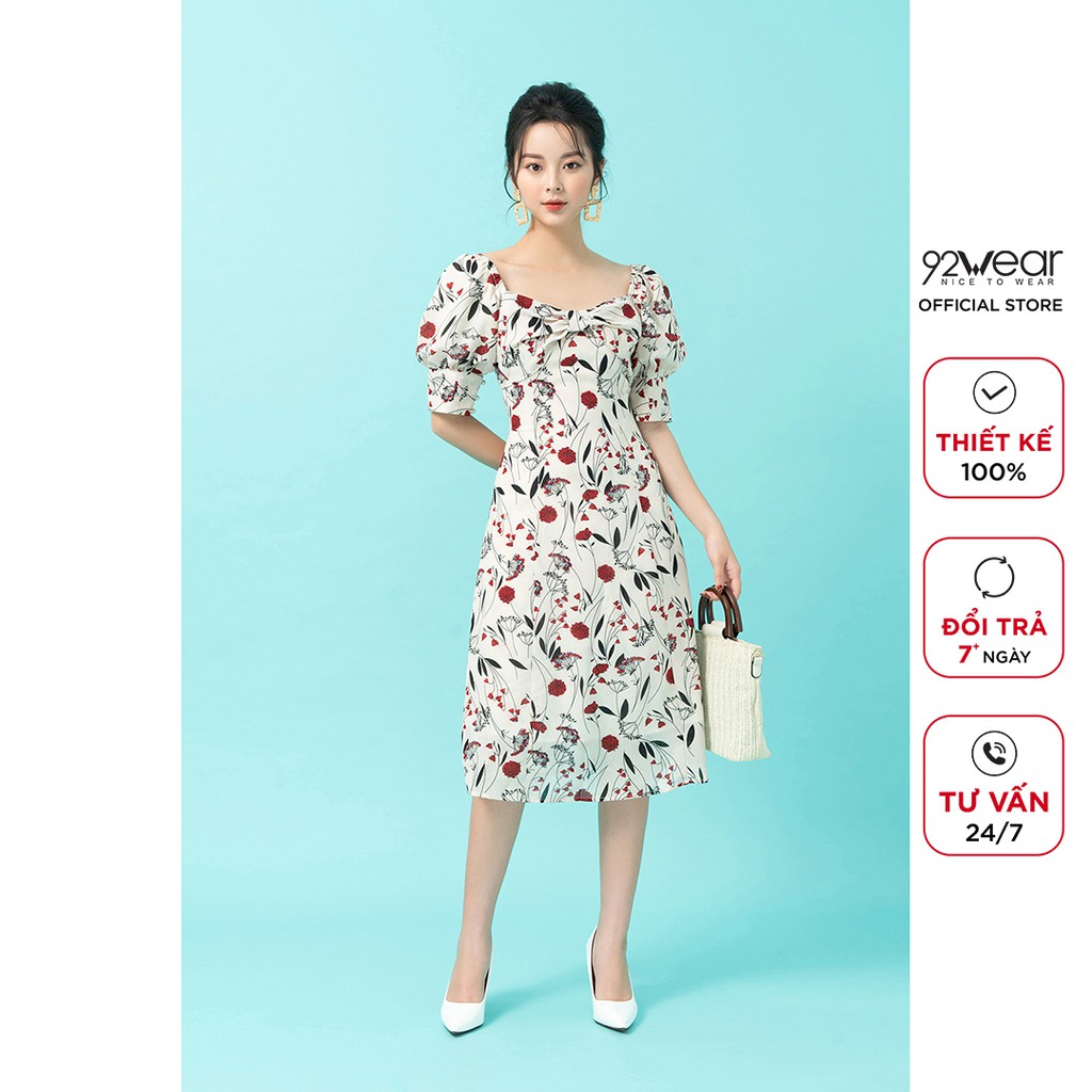 Đầm váy nữ dự tiệc 92WEAR 2 màu, dáng dài cổ vuông nơ ngực DDW1069