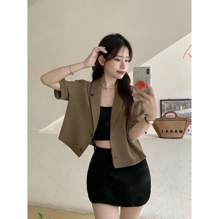 Áo Vest Croptop Nữ Ngắn Tay Áo khoác Blazer nữ Chất Tuyết Mưa Cao Cấp Hàng Thiết Kế Tay Lỡ Dáng ngắn Phong Cách Hàn Quốc