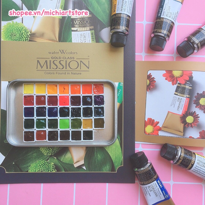 [Michi Art Store] Màu nước Mijello Mission Gold Class 34 màu pocket 0,5ml, 1ml hạng họa sĩ xuất xứ Hàn Quốc